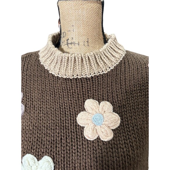 Luna Ivy Sweater Womens Size M Brown Chunky Knit Floral Applique Mock Neck - Picture 2 of 12
